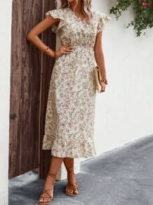 Breezaya Đầm Maxi In Hoa Viền Xếp Ly Cho Kỳ Nghỉ Bãi Biển Nữ - Màu be - Xem 5