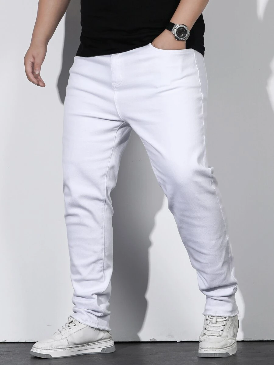 Manfinity Homme Hombres Jeans algodón unicolor con bolsillo oblicuo - Blanco - Ver 1