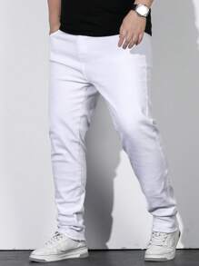 Manfinity Homme Hombres Jeans algodón unicolor con bolsillo oblicuo - Blanco - Ver 7