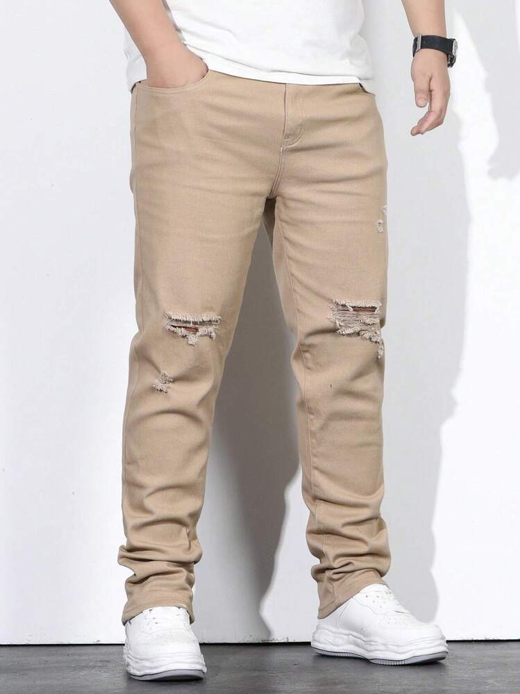 Manfinity Homme 男士加大碼棉質撕破破邊直筒牛仔褲修身長褲貨物裝飾素色卡其色工作休閒尺寸 - 卡其色 - 查看 3