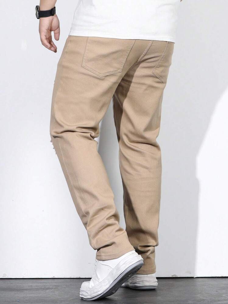 Manfinity Homme 男士加大碼棉質撕破破邊直筒牛仔褲修身長褲貨物裝飾素色卡其色工作休閒尺寸 - 卡其色 - 查看 4
