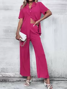 SHEIN Privé Solid Button Front Shirt & Straight Leg Pants - Hot Pink - View 1