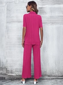 SHEIN Privé Solid Button Front Shirt & Straight Leg Pants - Hot Pink - View 2