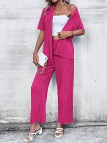 SHEIN Privé Solid Button Front Shirt & Straight Leg Pants - Hot Pink - View 3