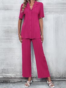 SHEIN Privé Solid Button Front Shirt & Straight Leg Pants - Hot Pink - View 4