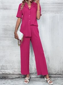 SHEIN Privé Solid Button Front Shirt & Straight Leg Pants - Hot Pink - View 5