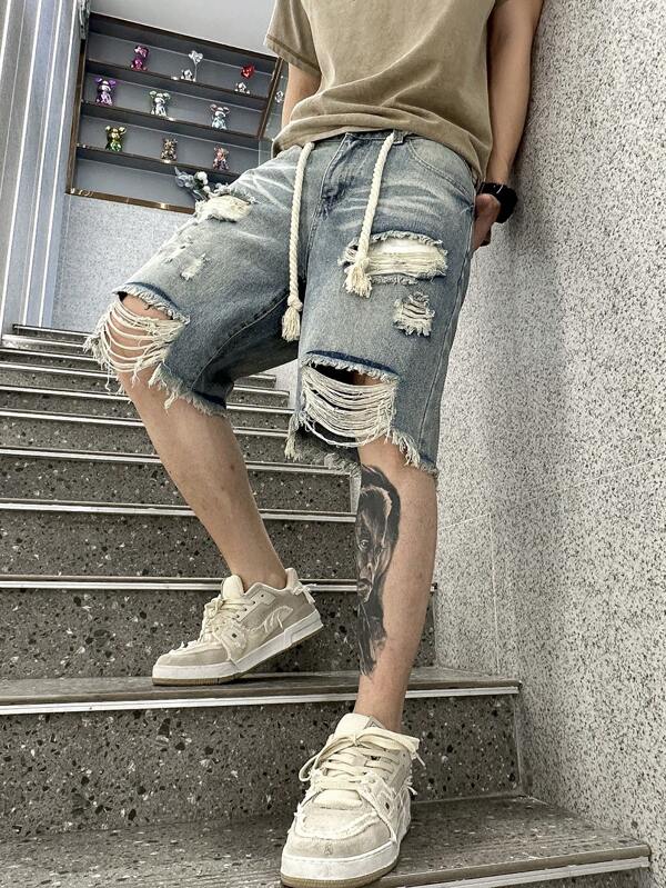Manfinity EMRG Loose-Fit Men's Ripped Frayed Raw Hem Denim Shorts Plain Dark Blue Distressed Denim Jorts Baggy Party Denim Shorts, For Husband, Boyfriend Gifts