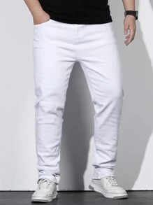 Manfinity Homme Hombres Jeans algodón unicolor con bolsillo oblicuo - Blanco - Ver 8