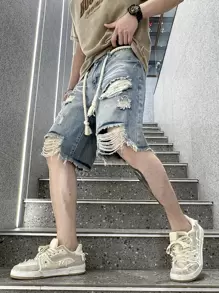 Manfinity EMRG 宽松男士破洞毛边下摆牛仔短裤纯色深蓝色破洞牛仔短裤宽松派对牛仔短裤，适合送给老公、男朋友的礼物