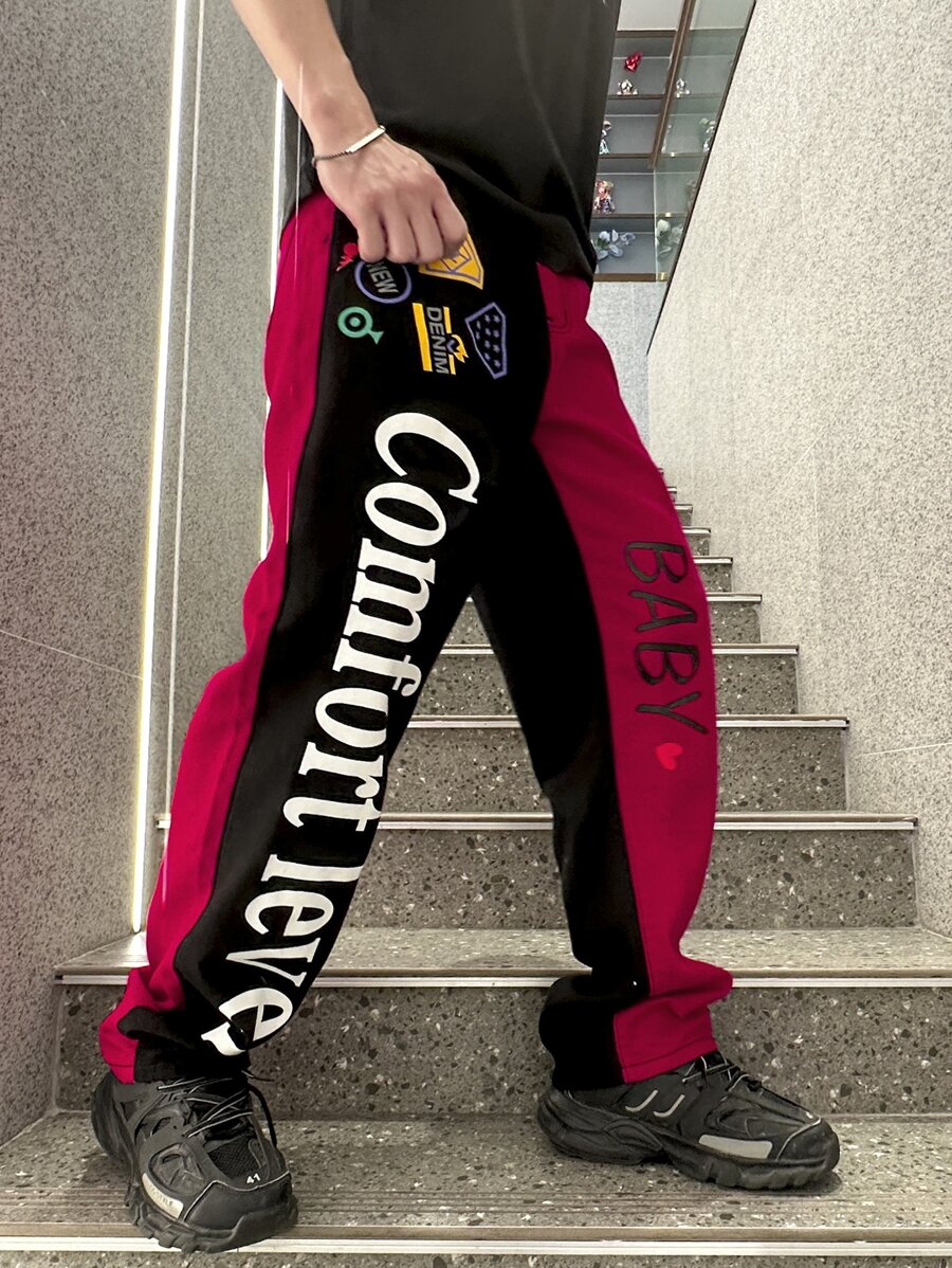 Manfinity Roghcode 宽松男士字母图案拼色牛仔裤