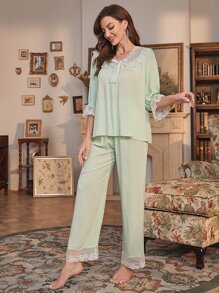 Contrast Lace Flounce Sleeve Knot Front PJ Set - Mint Green - View 3
