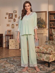 Contrast Lace Flounce Sleeve Knot Front PJ Set - Mint Green - View 4