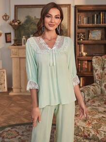 Contrast Lace Flounce Sleeve Knot Front PJ Set - Mint Green - View 5