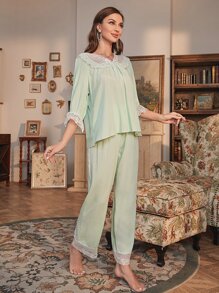 Contrast Lace Flounce Sleeve Knot Front PJ Set - Mint Green - View 6
