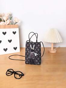 Metoo Tiramitu 1pc Waterproof Girls' Composite Material Crossbody Bag With Cartoon Rabbit Print And Closure, Including Pu Cord And Phone Case - Black - View 1