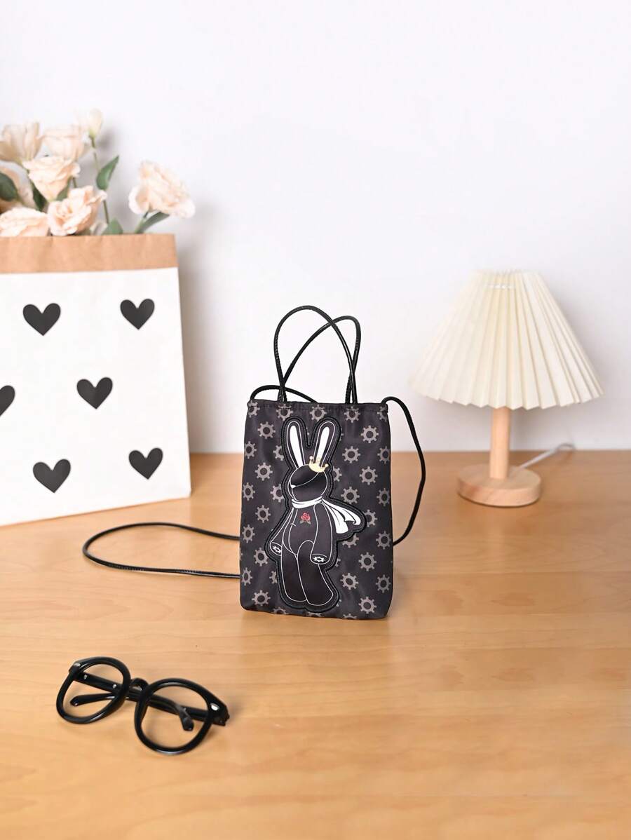 Metoo Tiramitu 1pc Waterproof Girls' Composite Material Crossbody Bag With Cartoon Rabbit Print And Closure, Including Pu Cord And Phone Case - Black - View 1