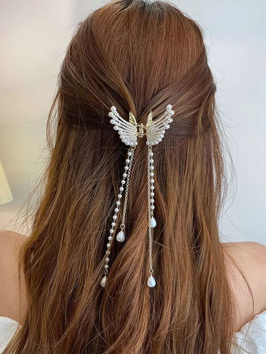 1 Nữ Ngọc Trai Giả & Cánh Trang Trí Vuốt Tóc Cá Sấu, Để Trang Trí - Vàng - Xem 1