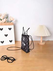 Metoo Tiramitu 1pc Waterproof Girls' Composite Material Crossbody Bag With Cartoon Rabbit Print And Closure, Including Pu Cord And Phone Case - Black - View 5