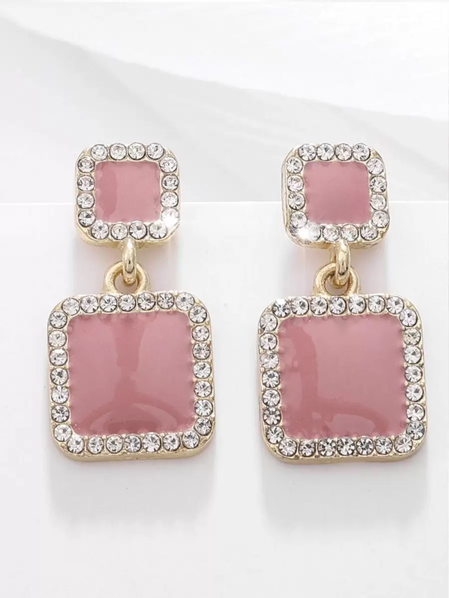 1pc Rhinestone Decor Square Drop Earring - Pink - View 1