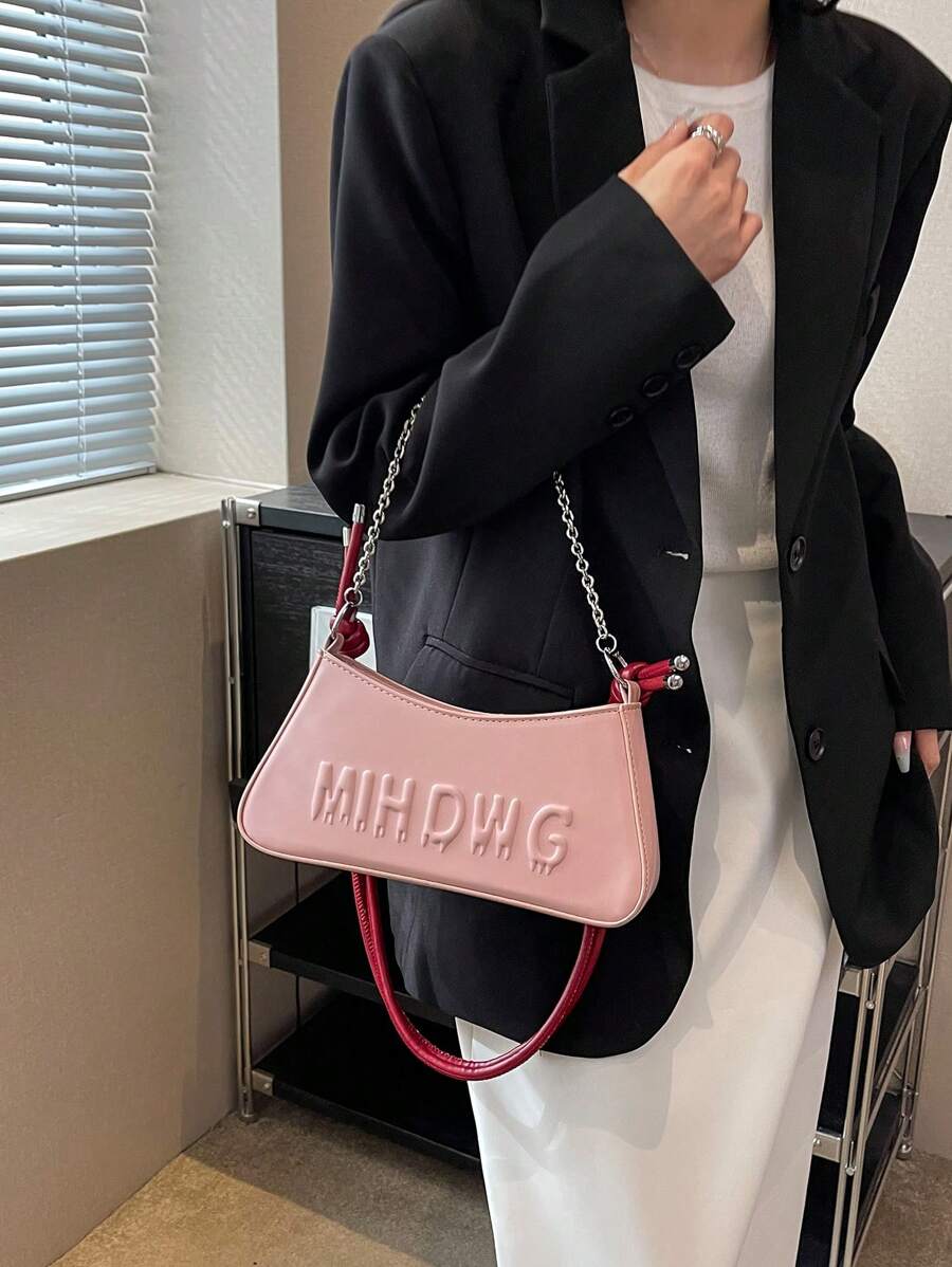 Medium Bag Letter Embossed Chain Decor - Pink - View 1