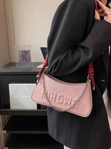 Medium Bag Letter Embossed Chain Decor - Pink - View 3