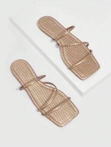 女性鱷魚壓紋細帶平底優雅杏涼拖 - 杏色 - 查看 5