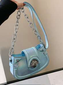 Túi Đeo Chéo Nhỏ Họa Tiết Hình Ba Chiều Trang Trí Kim Loại - Màu xanh lam - Xem 3