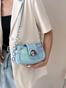 Túi Đeo Chéo Nhỏ Họa Tiết Hình Ba Chiều Trang Trí Kim Loại - Màu xanh lam - Xem 4