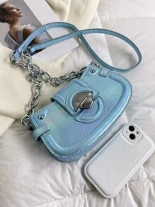 Túi Đeo Chéo Nhỏ Họa Tiết Hình Ba Chiều Trang Trí Kim Loại - Màu xanh lam - Xem 6