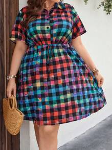 SHEIN LUNE 大碼格子圖案前打結襯衫洋裝 - 彩色 - 查看 4