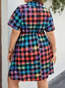 SHEIN LUNE 大碼格子圖案前打結襯衫洋裝 - 彩色 - 查看 2