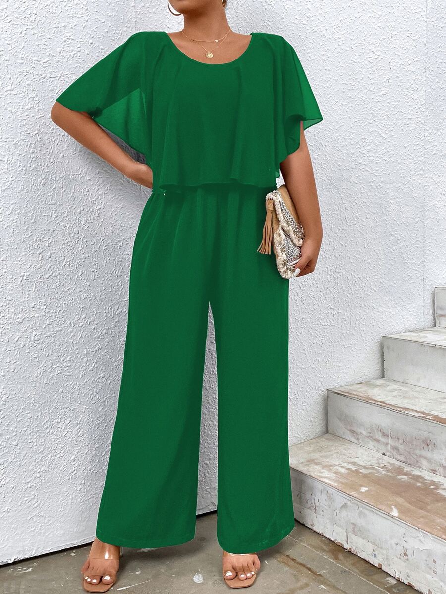 SHEIN Clasi Plus Solid Wide Leg Cape Jumpsuit - Green - View 1