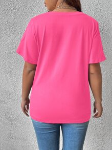 SHEIN LUNE Áo thun Plus size xoắn lại màu trơn Giải trí - Màu Hồng Tươi - Xem 2
