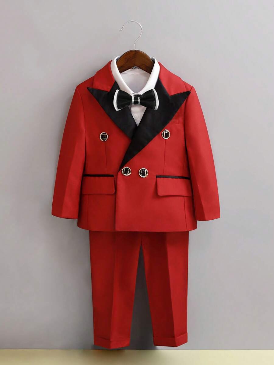 小男童1入組拼接面西裝外套和1入組長褲 - 紅色 - 查看 1