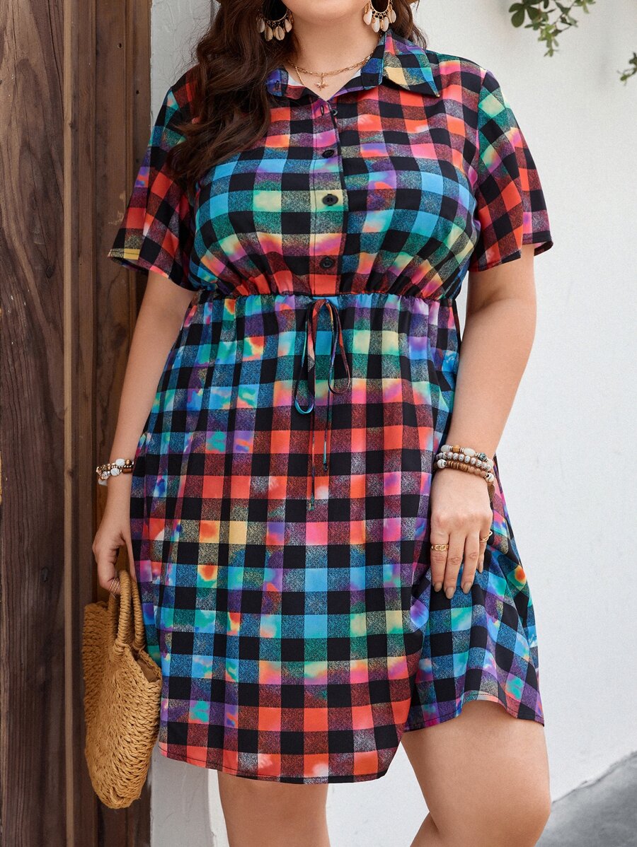 SHEIN LUNE 大碼格子圖案前打結襯衫洋裝 - 彩色 - 查看 1