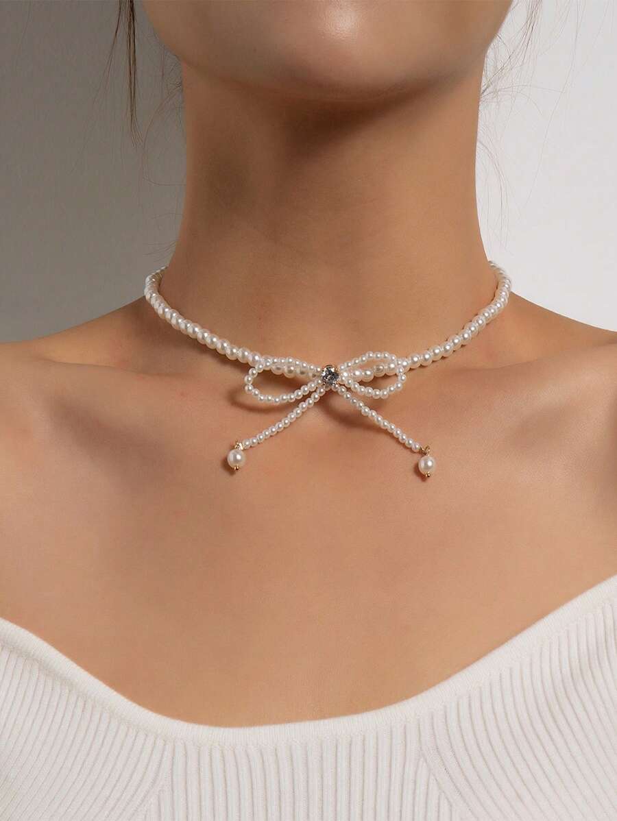 Ngọc trai giả Đính cườm Trang trí Bow Dây chuyền - trắng - Xem 1