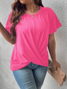 SHEIN LUNE Áo thun Plus size xoắn lại màu trơn Giải trí - Màu Hồng Tươi - Xem 6