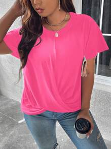 SHEIN LUNE Áo thun Plus size xoắn lại màu trơn Giải trí - Màu Hồng Tươi - Xem 7