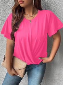 SHEIN LUNE Áo thun Plus size xoắn lại màu trơn Giải trí - Màu Hồng Tươi - Xem 8