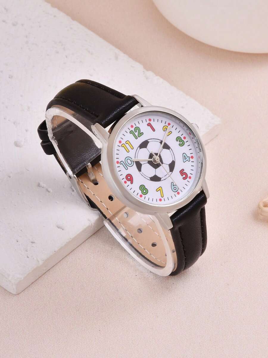 1pc Teen Black PU Polyurethane Strap Cute Soccer Pattern Round Dial Quartz Watch, For Daily Decoration - Black - View 1