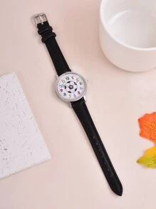 1pc Teen Black PU Polyurethane Strap Cute Soccer Pattern Round Dial Quartz Watch, For Daily Decoration - Black - View 2