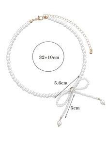 Ngọc trai giả Đính cườm Trang trí Bow Dây chuyền - trắng - Xem 3