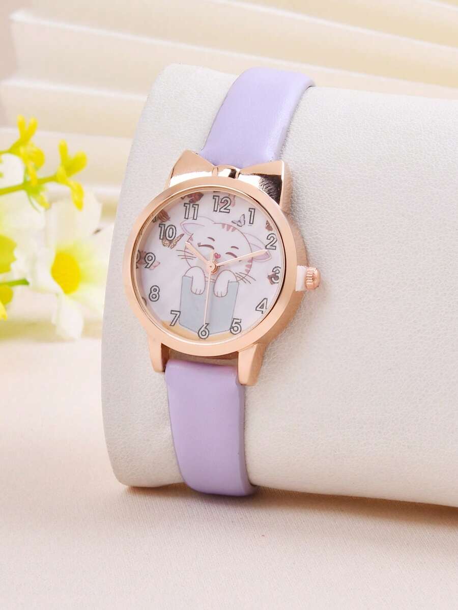 1pc Kids Purple PU Polyurethane Strap Cute Cat Pattern Round Dial Quartz Watch, For Daily Decoration - Purple - View 1