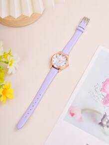 1pc Kids Purple PU Polyurethane Strap Cute Cat Pattern Round Dial Quartz Watch, For Daily Decoration - Purple - View 2