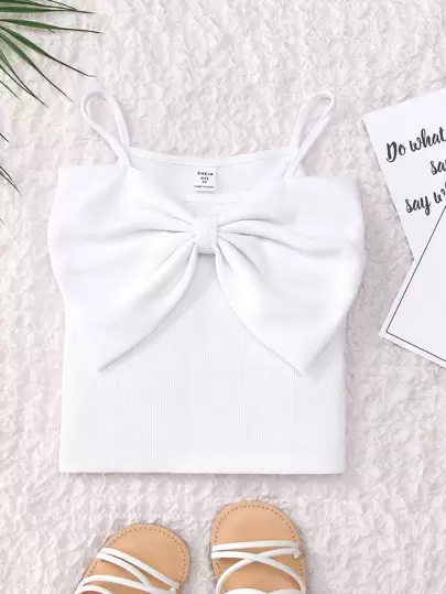 SHEIN Young Girl Solid Color Short Sleeveless Top With Bowknot Shoulder Straps Girls Bow Topbow Topbow Tops