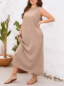 SHEIN VCAY Plus Solid Tank Dress - Apricot - View 4
