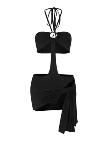 Cut Out Tie Backless Halter Bodycon Dress