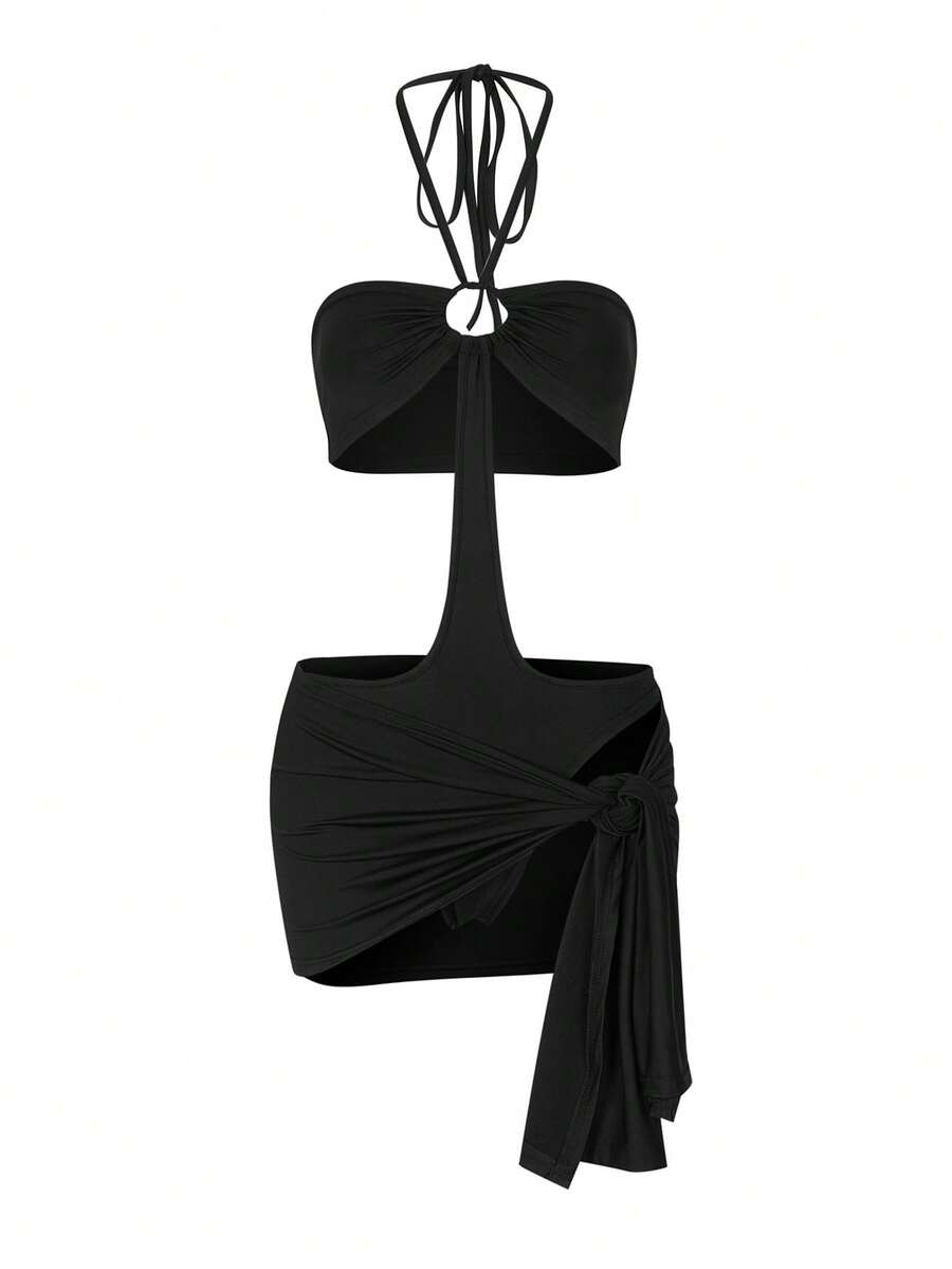 Cut Out Tie Backless Halter Bodycon Dress