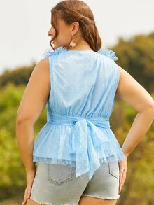 S BETRO Áo sơ mi Plus Size Lộ Lưng Tương phản Mesh Thắt nút Viên lá sen Buộc lại màu trơn Thanh lịch - Màu xanh nhạt - Xem 2