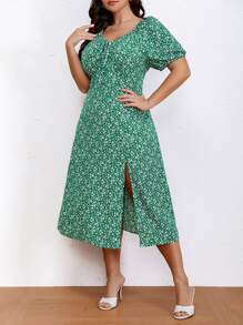 SHEIN LUNE 大碼碎花前打結高衩連衣裙 - 綠色 - 查看 3